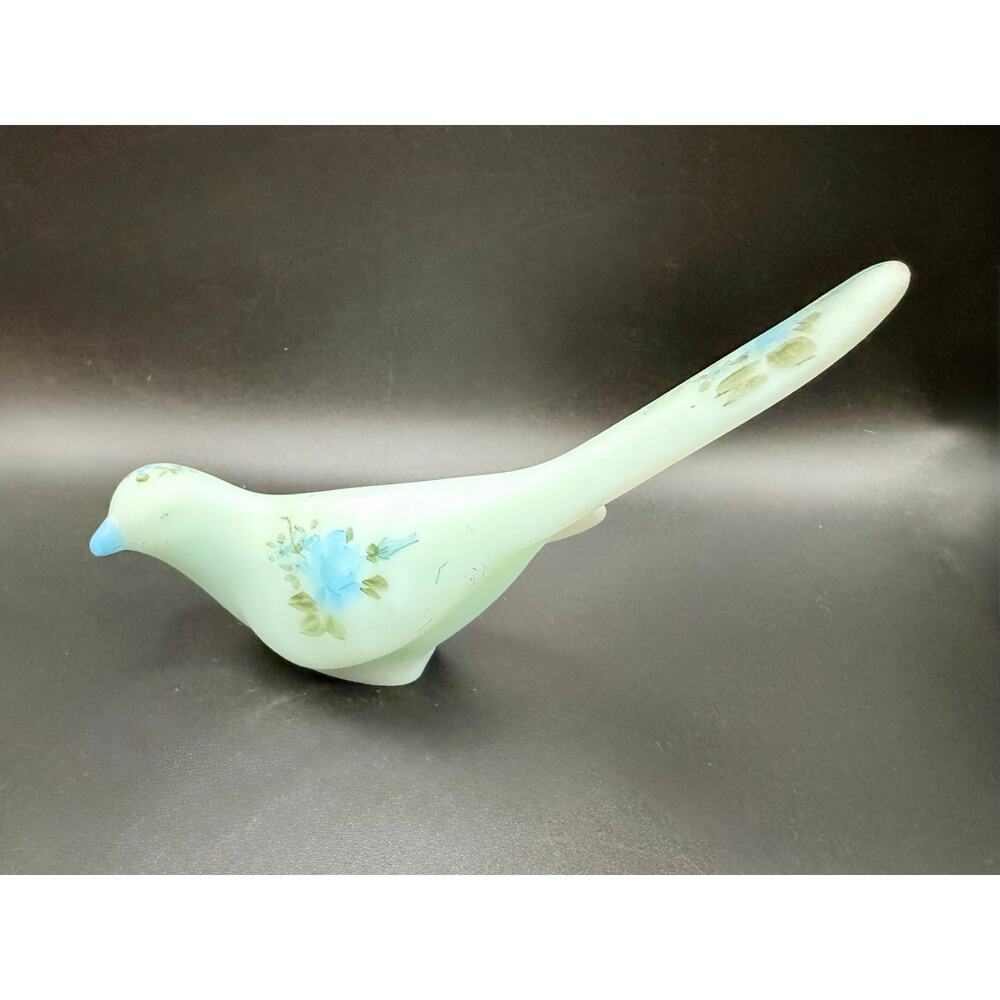 Signed Fenton Satin Glass Bird – Hand Painted – Blue Floral 7” Long